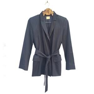 Zara Jacket Tie Belt Blazer Trench Dark Navy Blue Collared Lyocell Coat xs